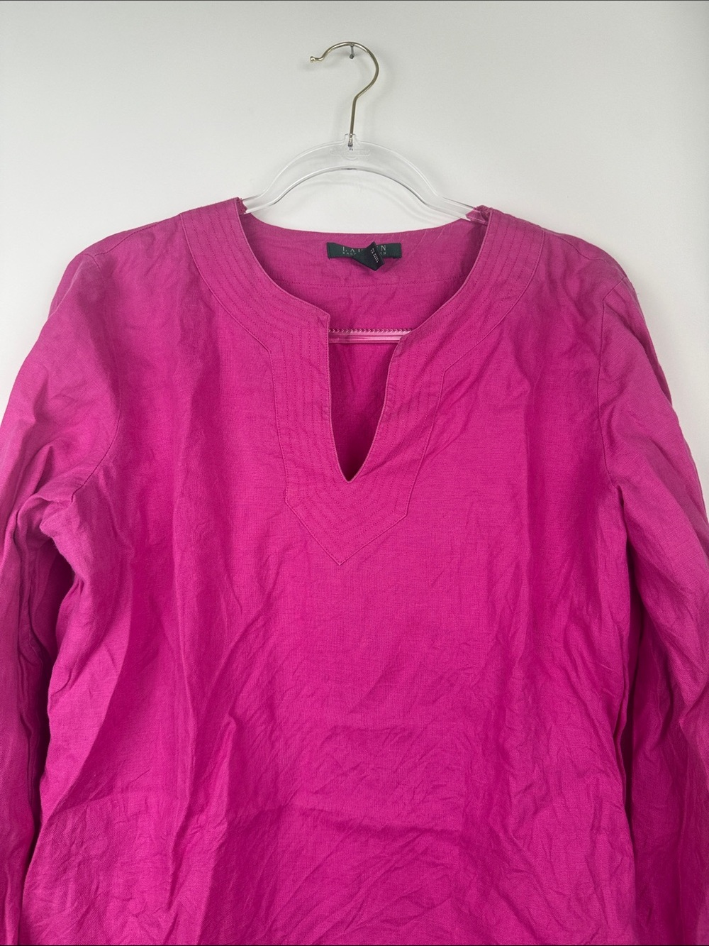 Lauren Ralph Lauren 100% Linen V-Neck Popover Top Blouse Pink Fuschia Size Large - Picture 2 of 8